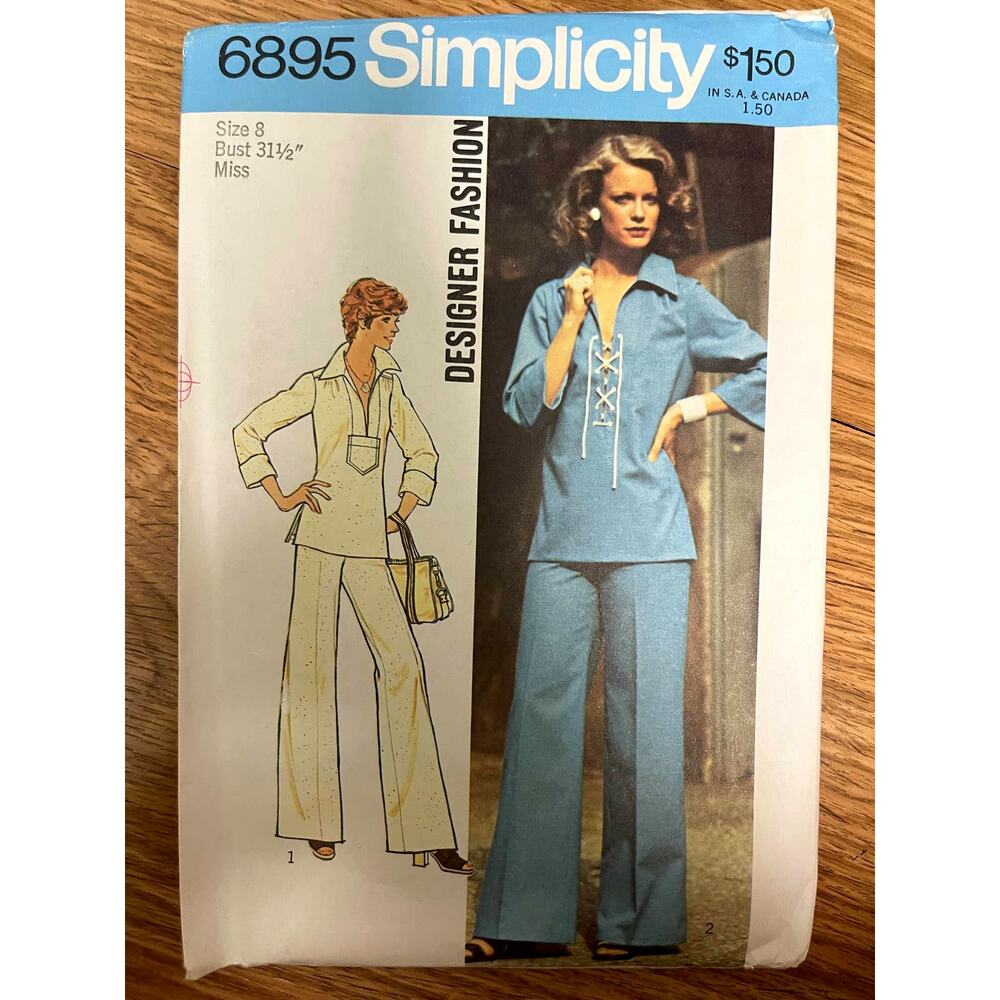 UNCUT Vintage 1970s Simplicity 6895 Sewing Pattern Size XXS Top & Wide Leg Pant